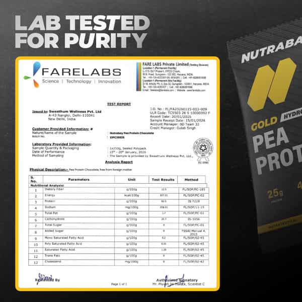 Nutrabay Gold Pea Protein Powder | 25G Protein | 4.6G Bcaa | 5G Fiber | Rich Chocolate Cerme - 40G