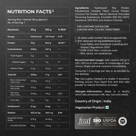 Nutrabay Gold Pea Protein Powder | 25G Protein | 4.6G Bcaa | 5G Fiber | Rich Chocolate Cerme - 40G