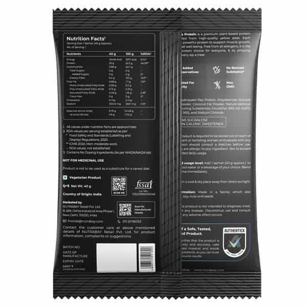 Nutrabay Gold Pea Protein Powder | 25G Protein | 4.6G Bcaa | 5G Fiber | Rich Chocolate Cerme - 40G