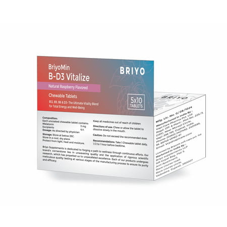 Briyomin B-D3 Vitalize - Fast-Dissolving Chewable Tablets | Vitamin B12 | Folic Acid | B6 | D3 - 50n