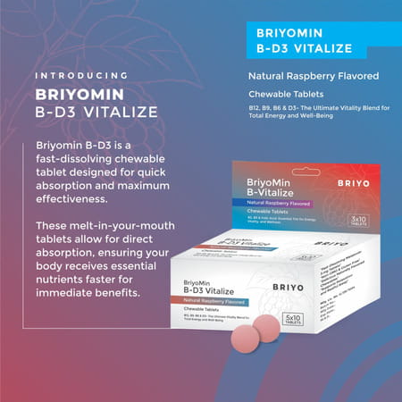 Briyomin B-D3 Vitalize - Fast-Dissolving Chewable Tablets | Vitamin B12 | Folic Acid | B6 | D3 - 50n