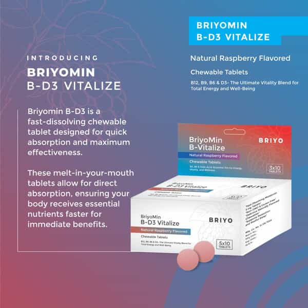 Briyomin B-D3 Vitalize - Fast-Dissolving Chewable Tablets | Vitamin B12 | Folic Acid | B6 | D3 - 50N