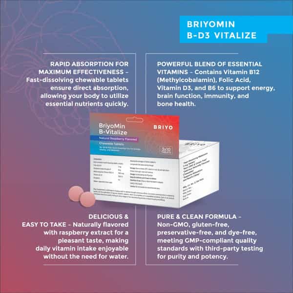 Briyomin B-D3 Vitalize - Fast-Dissolving Chewable Tablets | Vitamin B12 | Folic Acid | B6 | D3 - 50N