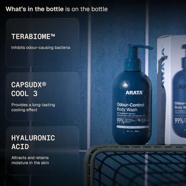 Arata Odour Control Body Wash | Cooling| Exfoliating | For All Skin Types | 250 Ml