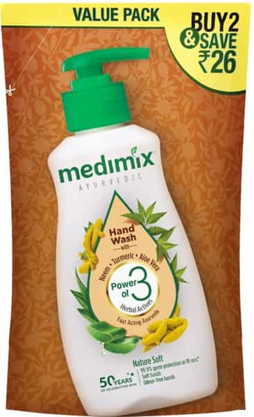 Medimix Ayurvedic Nature Soft Hand Wash With Neem Turmeric Aloe Vera Value Pack Refill Pouch-2X175ml