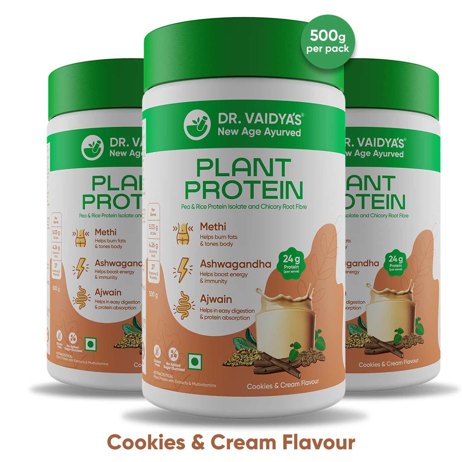 Dr. Vaidya'S Plant Protein - Cream & Cookies 500gm Pack Of 3