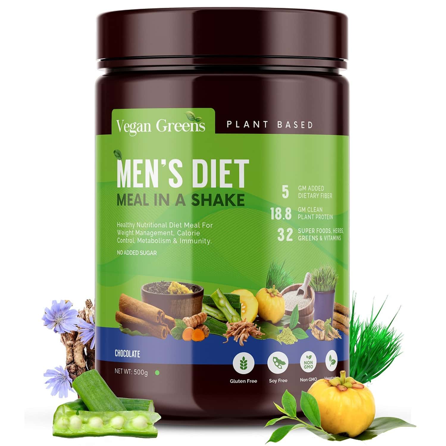 Vegan Greens Men Diet Meal In A Shake With Ayurvedic Herbs- Meal Replacement Shake (500g, Chocolate)