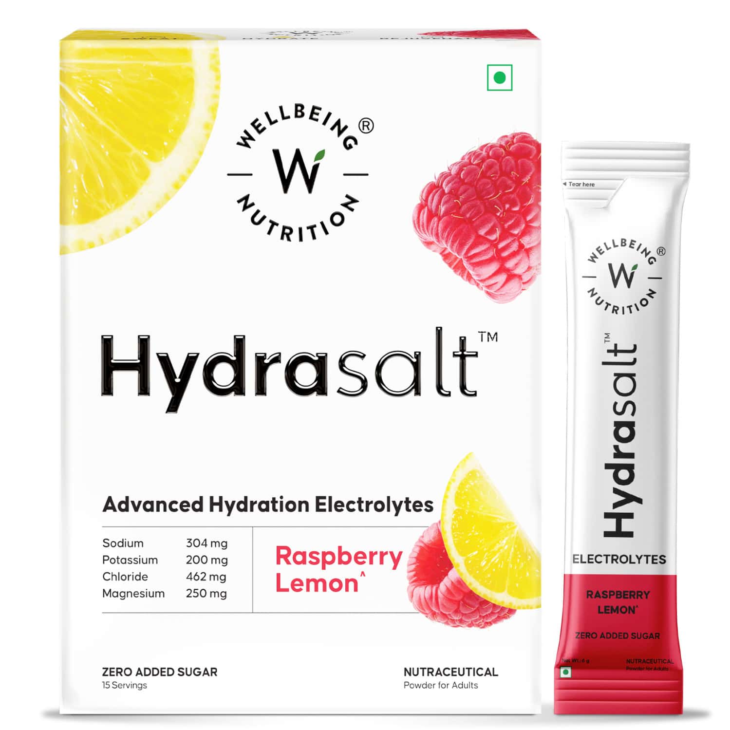 Wellbeing Nutrition Hydrasalt Electrolyte Drink | No Added Sugar | Raspberry Lemon | 90gm Pack Of 15