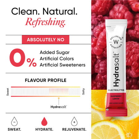 Wellbeing Nutrition Hydrasalt Electrolyte Drink | No Added Sugar | Raspberry Lemon | 90gm Pack Of 15
