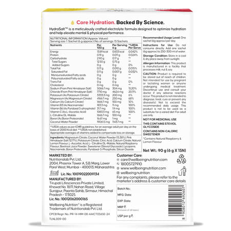 Wellbeing Nutrition Hydrasalt Electrolyte Drink | No Added Sugar | Raspberry Lemon | 90gm Pack Of 15