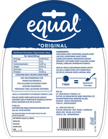 Equal Original Low Calorie Sweetener Sugar Free Low Calories Sugar Control 300 Tablets Pack Of 4