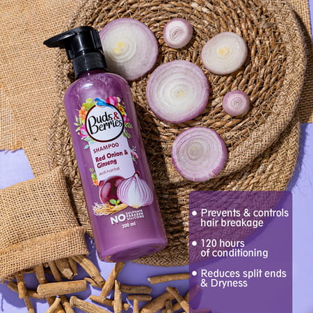 Buds & Berries Anti-Hairfall Shampoo With Red Onion And Ginseng | Reduces Split Ends (300 Ml)
