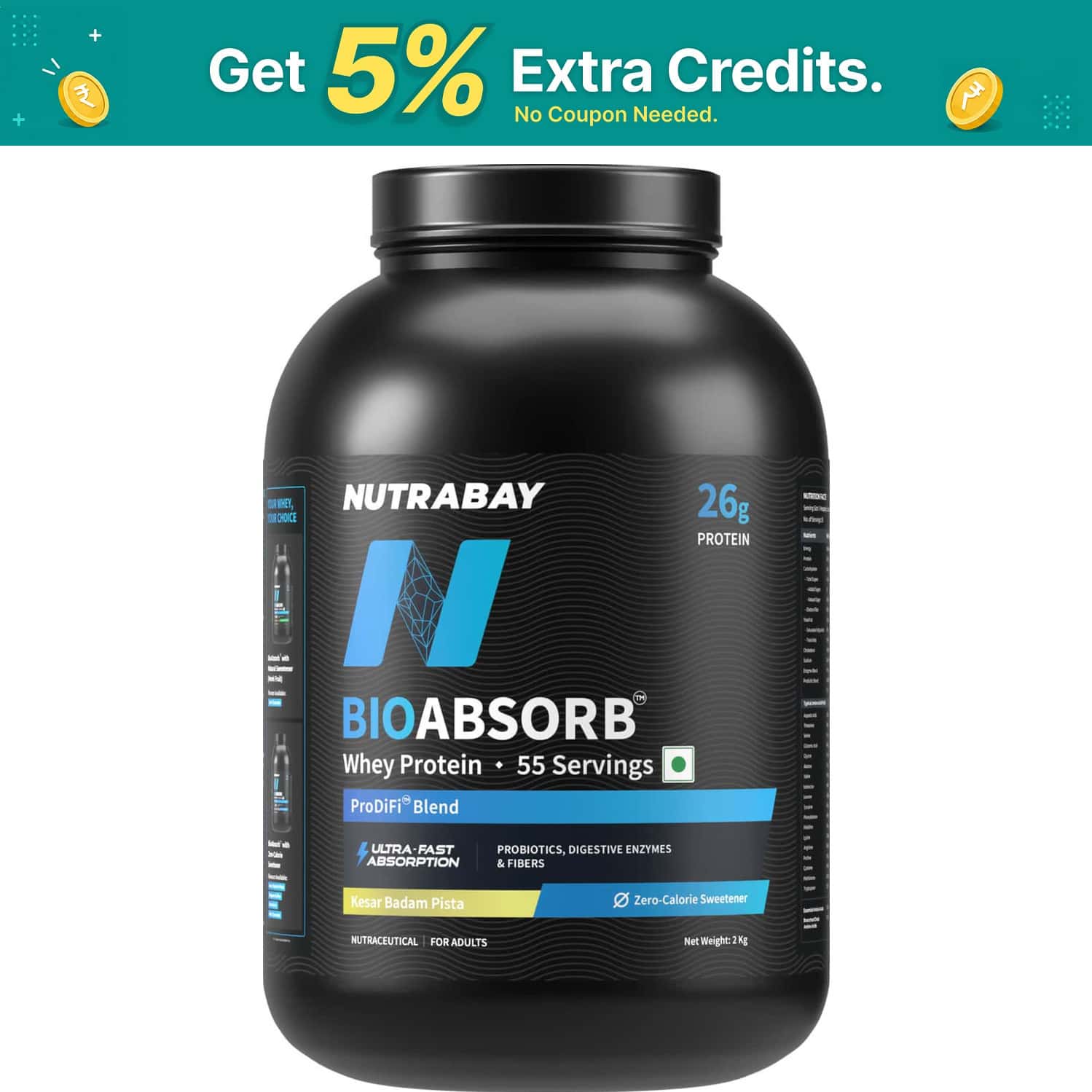Nutrabay Bioabsorb Whey Protein Powder | Prodifi Blend | 26g Per Scoop | Kesar Badam Pista - 2kg