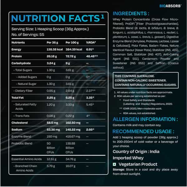 Nutrabay Bioabsorb Whey Protein Powder | Prodifi Blend | 26G Per Scoop | Kesar Badam Pista - 2Kg