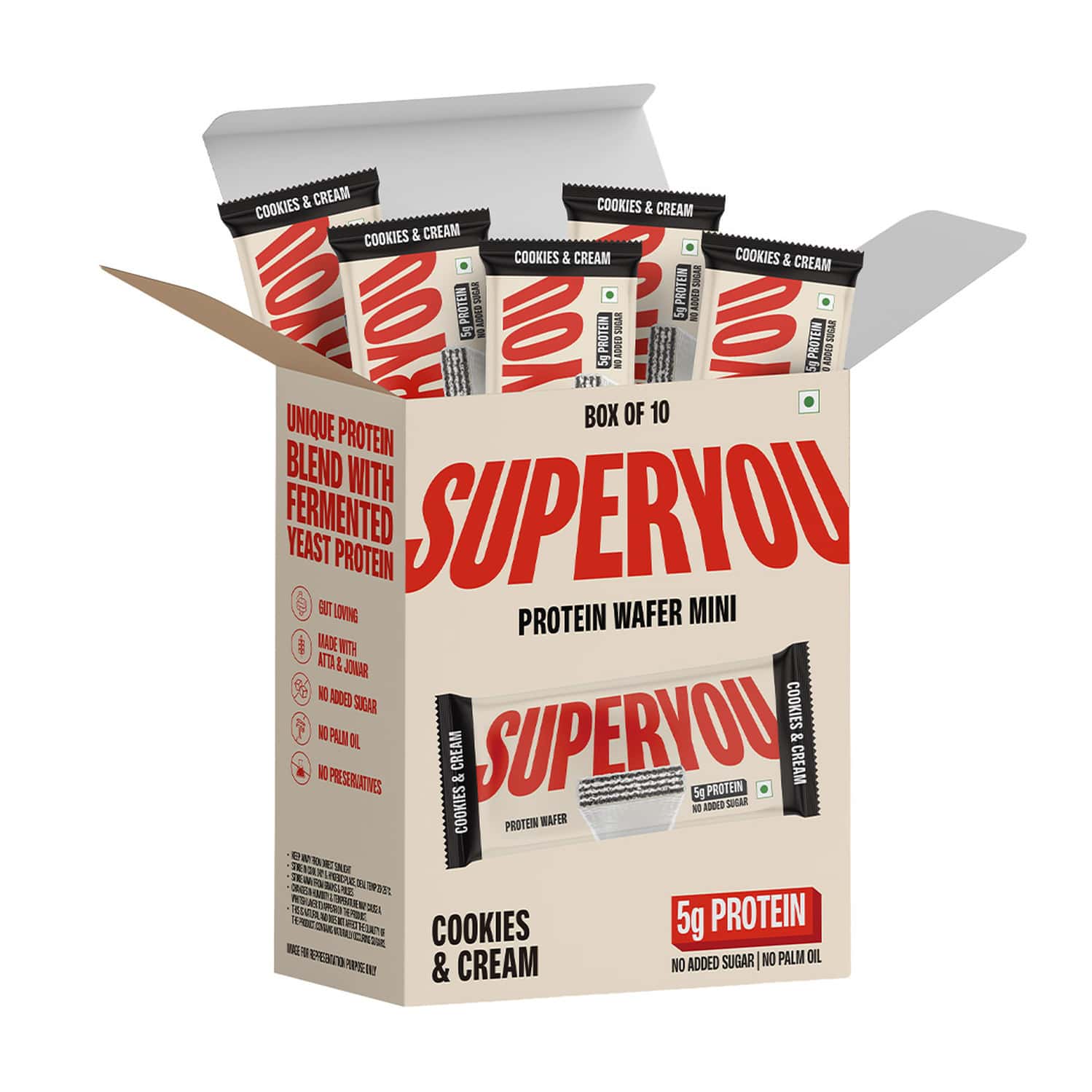 Superyou Cookies & Cream Protein Wafer Mini Bars (pack Of 10)| 5g Protein | Made With Atta & Jowar