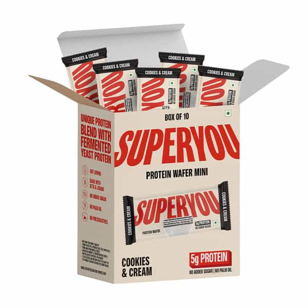 Superyou Cookies & Cream Protein Wafer Mini Bars (Pack Of 10)| 5G Protein | Made With Atta & Jowar