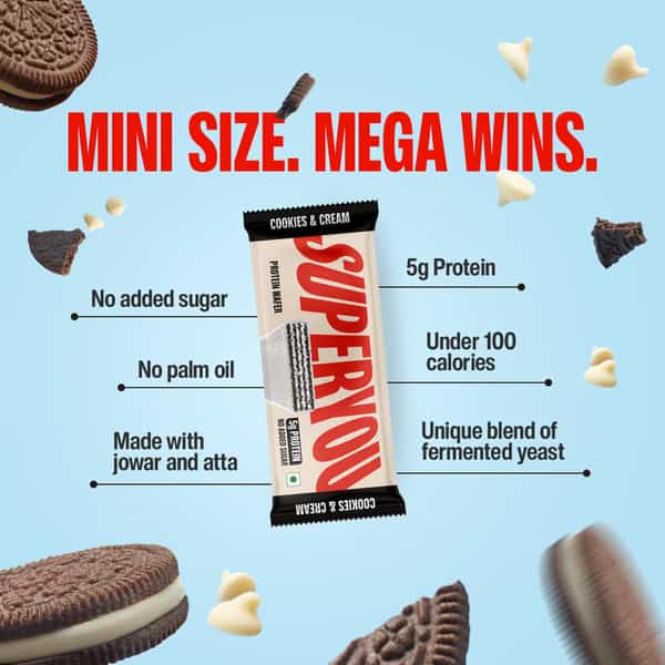 Superyou Cookies & Cream Protein Wafer Mini Bars (Pack Of 10)| 5G Protein | Made With Atta & Jowar
