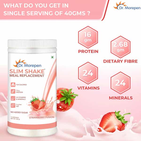 Dr. Morepen Slim Shake For Weight Management | Meal Replacement Protein Powder | Strawberry- 500G