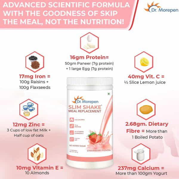 Dr. Morepen Slim Shake For Weight Management | Meal Replacement Protein Powder | Strawberry- 500G
