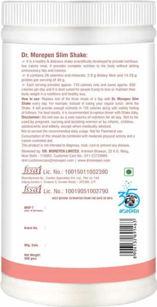 Dr. Morepen Slim Shake For Weight Management | Meal Replacement Protein Powder | Strawberry- 500G