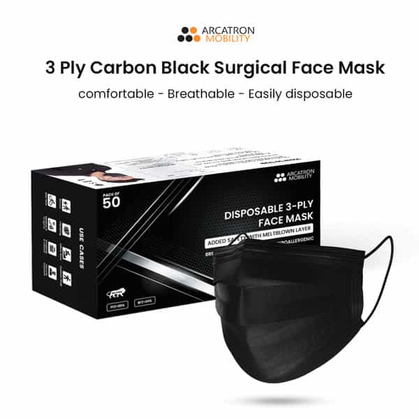 Arcatron Mobility 3Ply Disposable Surgical Superbreathable Facemask With Nose Clip|100, Carbon Black