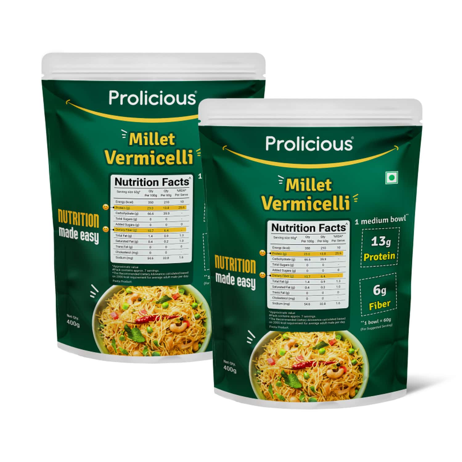 Prolicious Millet Vermicelli | High Protein & Fiber | Plant Based | No Maida (400g | Pack Of 2)
