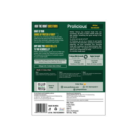 Prolicious Millet Vermicelli | High Protein & Fiber | Plant Based | No Maida (400g, Pack Of 2)