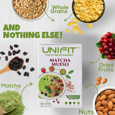 Unifit Crunchy Muesli With Matcha Powder | Ready To Eat Breakfast | 100% Natural - Box (500 G)