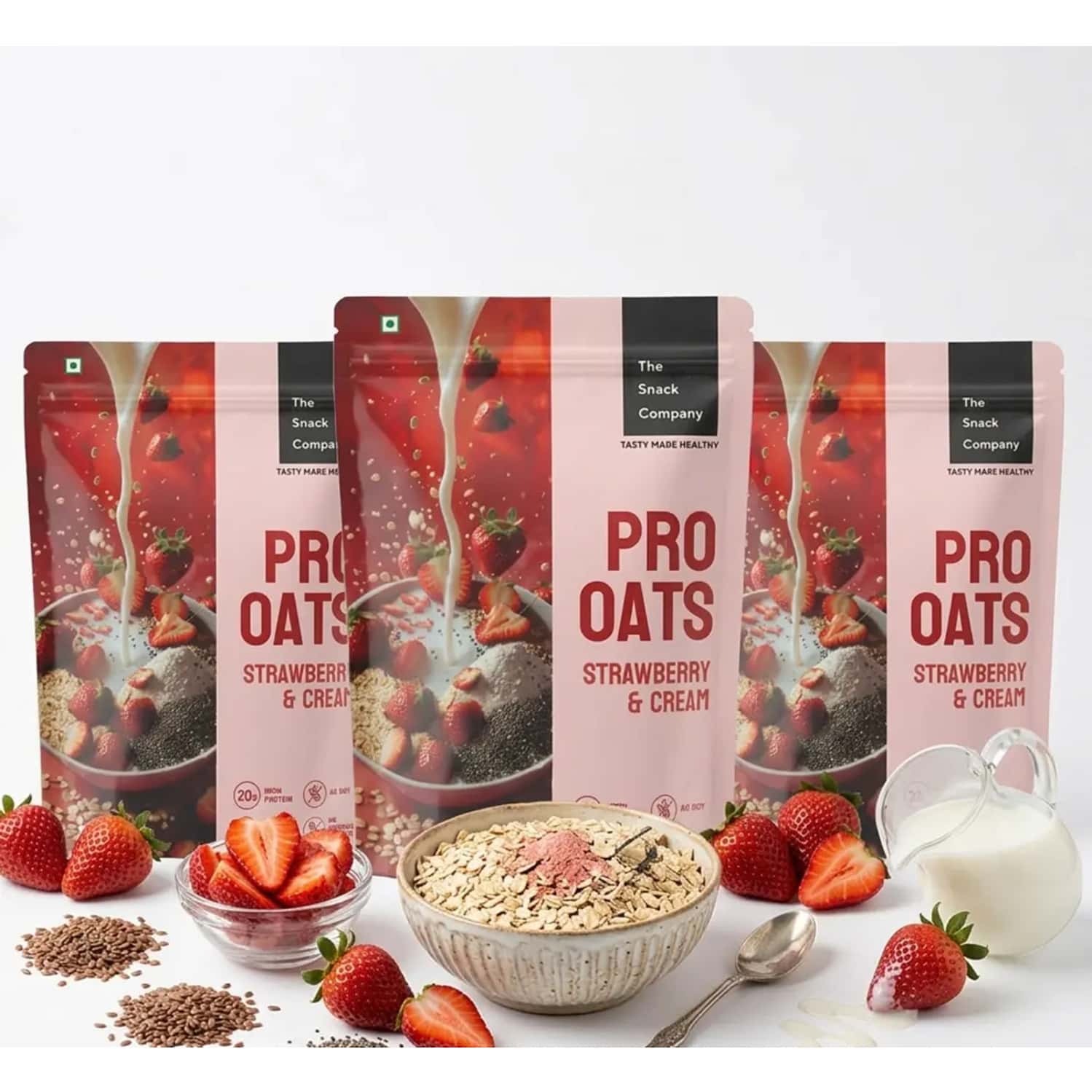 The Snack Company Protein Oats Pack Of 3 - Strawberry & Cream | 20.41g Protein | 6.37g Fibre