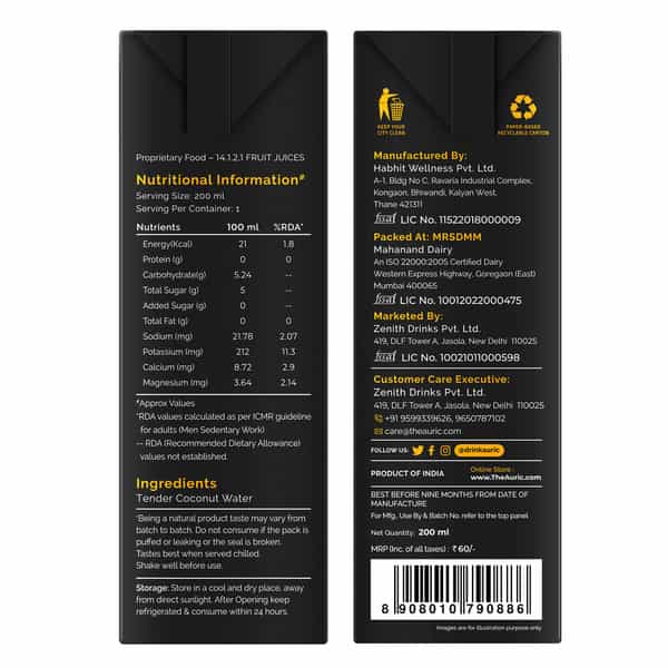 Auric Tender Coconut Water - No Added Sugar And Flavor -200Ml Pack Of 10