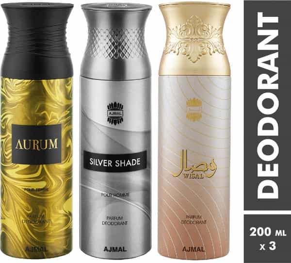 Ajmal Aurum & Silver Shade & Wisal Deodorant Spray - For Men & Women (200 Ml Pack Of 3)