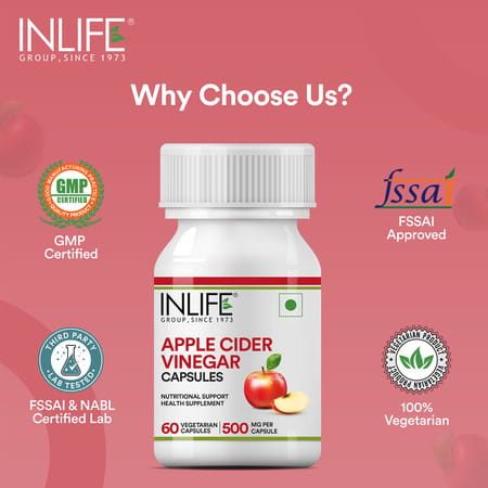 Inlife Apple Cider Vinegar Supplement For Weight Management Detox 500mg - 60 Vegetarian Capsules
