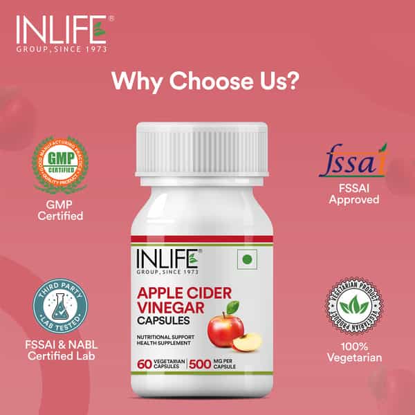 Inlife Apple Cider Vinegar Supplement For Weight Management Detox 500Mg - 60 Vegetarian Capsules
