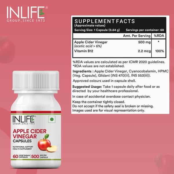 Inlife Apple Cider Vinegar Supplement For Weight Management Detox 500Mg - 60 Vegetarian Capsules