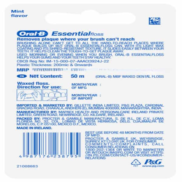 Oral-B Essential Mint Flavour Waxed Dental Floss 50 Meters Pack Of 1