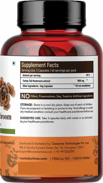 Rooted Actives- Turkey Tail Mushroom Extract 1950Mg* -Pure Fruit Body Extract - 120 Veg Caps