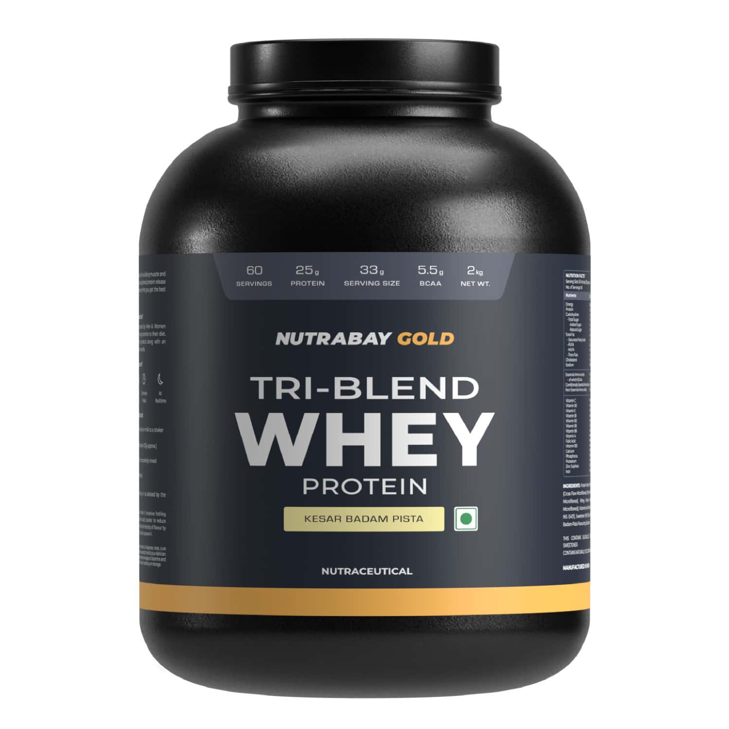 Nutrabay Gold Tri Blend Whey Protein Powder - 25g Protein | 5.5g Bcaa - 2kg | Kesar Badam Pista