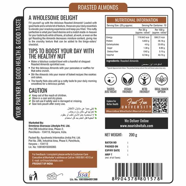 Nourishvitals California Roasted Almonds Superior Quality No Added Oil 200Gm