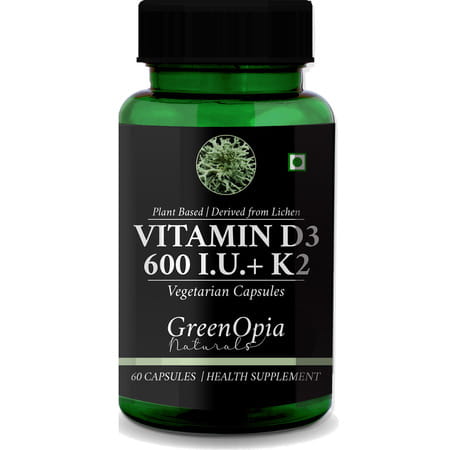 Greenopia Vitamin D3 600 Iu With K2 | Plant Based Lichen 60 Liquid Filled Vegetarian Capsules