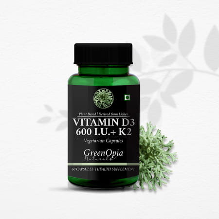 Greenopia Vitamin D3 600 Iu With K2 | Plant Based Lichen 60 Liquid Filled Vegetarian Capsules