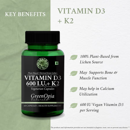 Greenopia Vitamin D3 600 Iu With K2 | Plant Based Lichen 60 Liquid Filled Vegetarian Capsules