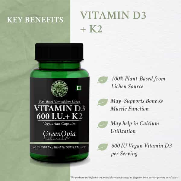 Greenopia Vitamin D3 600 Iu With K2 | Plant Based Lichen 60 Liquid Filled Vegetarian Capsules