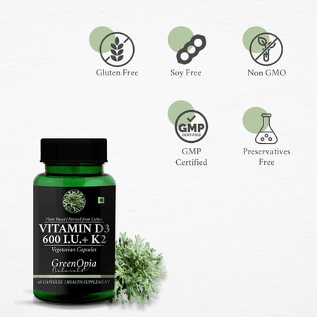 Greenopia Vitamin D3 600 Iu With K2 | Plant Based Lichen 60 Liquid Filled Vegetarian Capsules