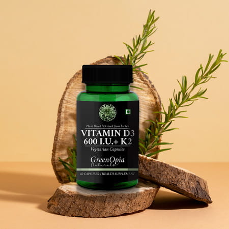 Greenopia Vitamin D3 600 Iu With K2 | Plant Based Lichen 60 Liquid Filled Vegetarian Capsules