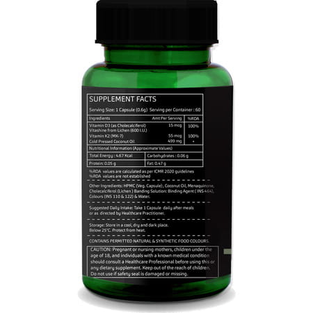 Greenopia Vitamin D3 600 Iu With K2 | Plant Based Lichen 60 Liquid Filled Vegetarian Capsules