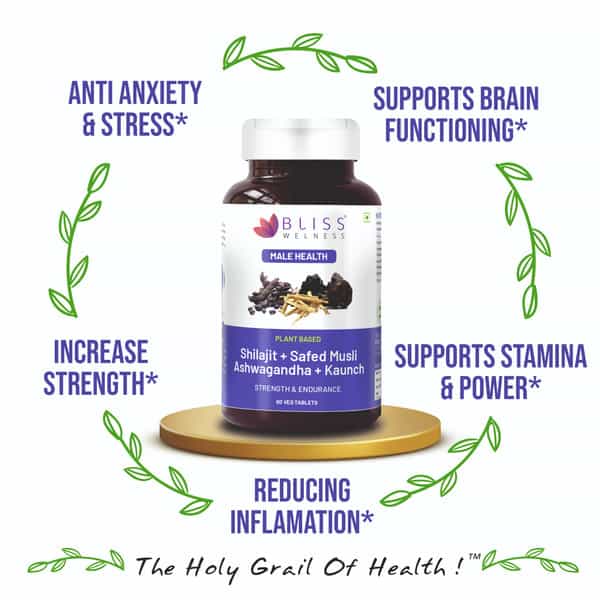 Bliss Welness Testosterone Booster | Shilajit | Ashwagandha | | Safed Musli For Men 60 Veg Tablets