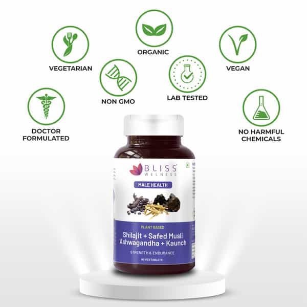 Bliss Welness Testosterone Booster | Shilajit | Ashwagandha | | Safed Musli For Men 60 Veg Tablets