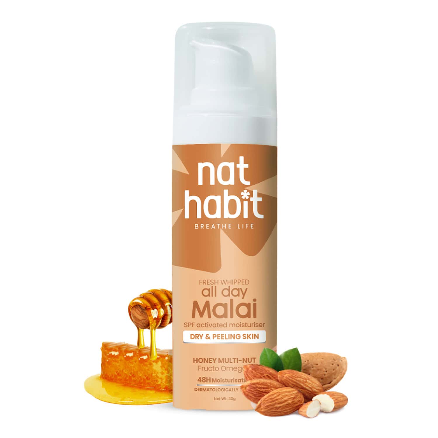Nat Habit Honey Multi-nut Face Moisturizer Malai | Day Cream For Dry Skin & Sensitive Skin - 30g