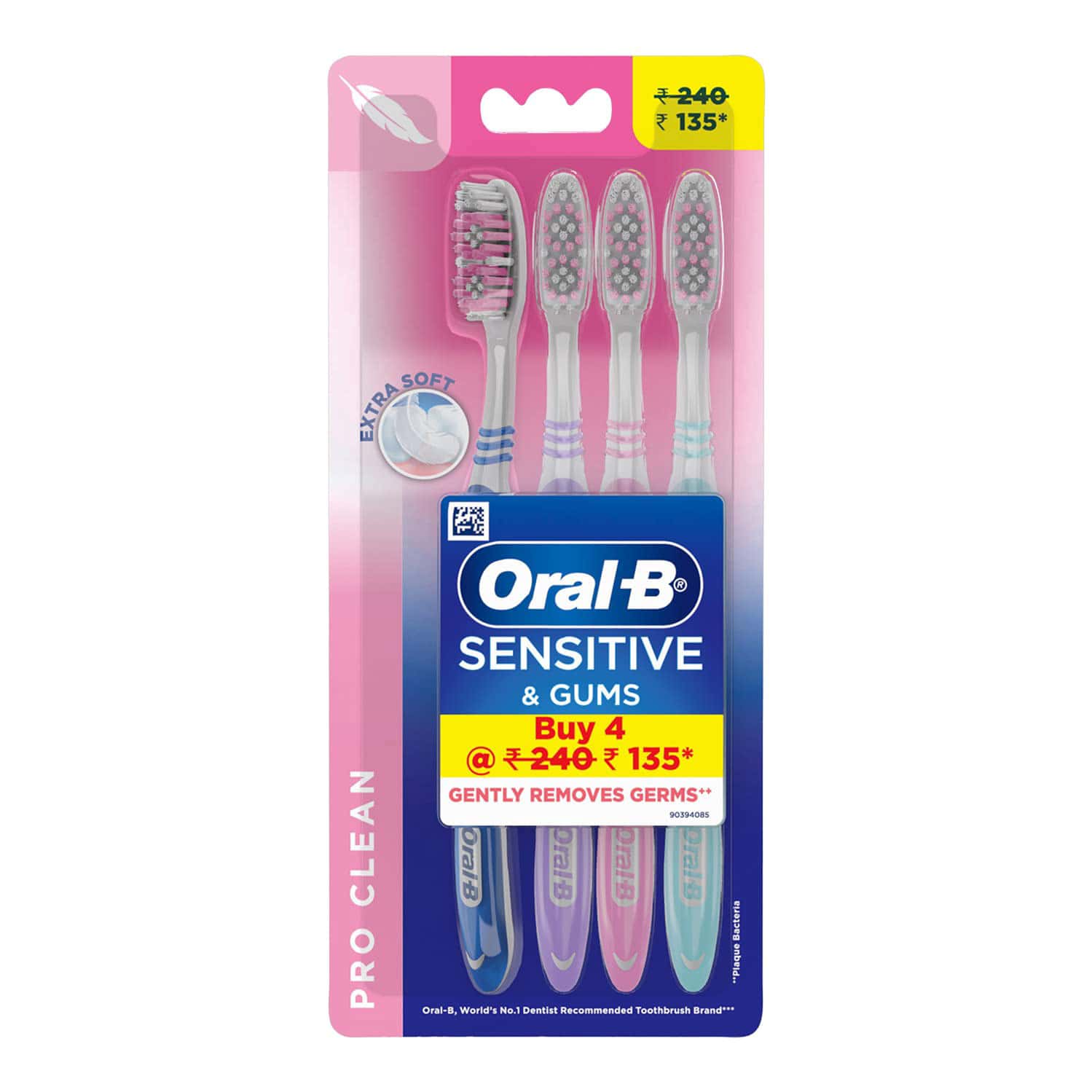 Oral-B Sensitive & Gums Extra Soft Pro Clean Toothbrush For Adults | Pack Of 4