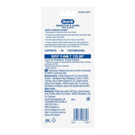Oral B Sensitive & Gums Extra Soft Pro Clean Toothbrush For Adults | Pack Of 4